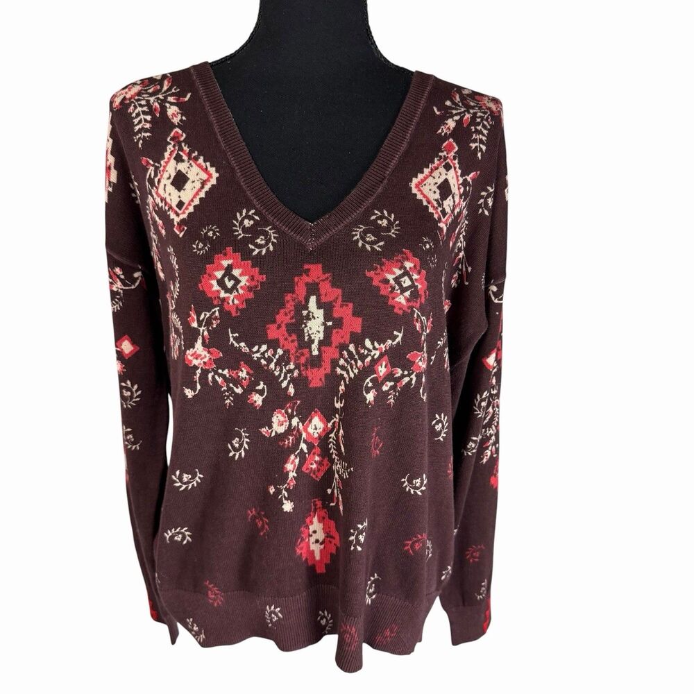 Sundance Glissade Plum Boho Cotton V-Neck Sweater Medium Aztec Southwest Top